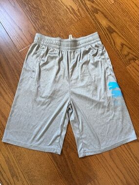Gray Puma shorts with blue logo, Boys size L athletic sporty